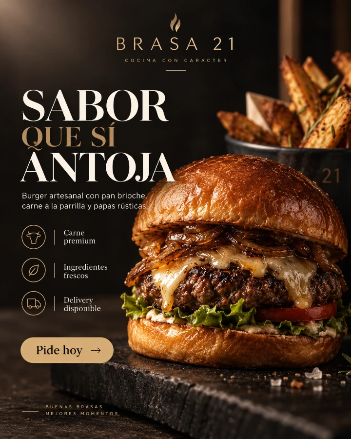 Publicación de BRASA 21: Sabor que sí antoja, con oferta de hamburguesa artesanal y llamada a pedir