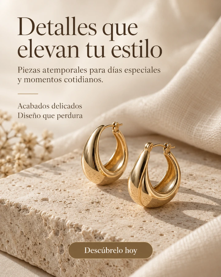Publicación de joyería: Detalles que elevan tu estilo, con aretes y llamada a descubrir las piezas